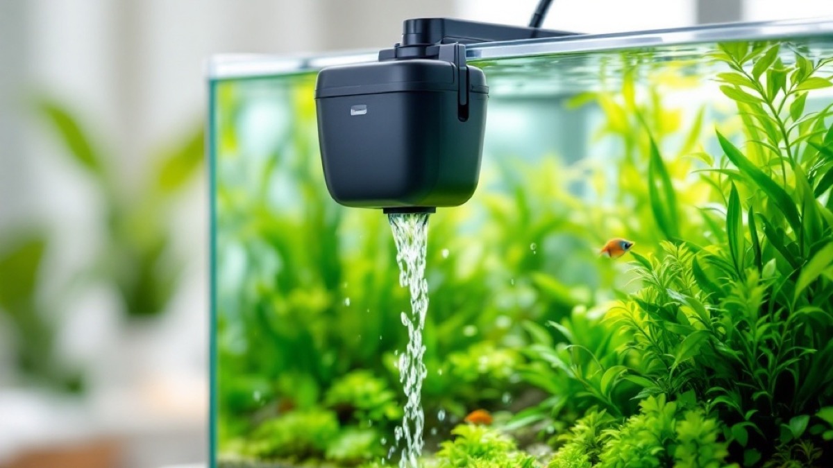 Hang-on-back filter on the rim of a 60 L planted aquarium