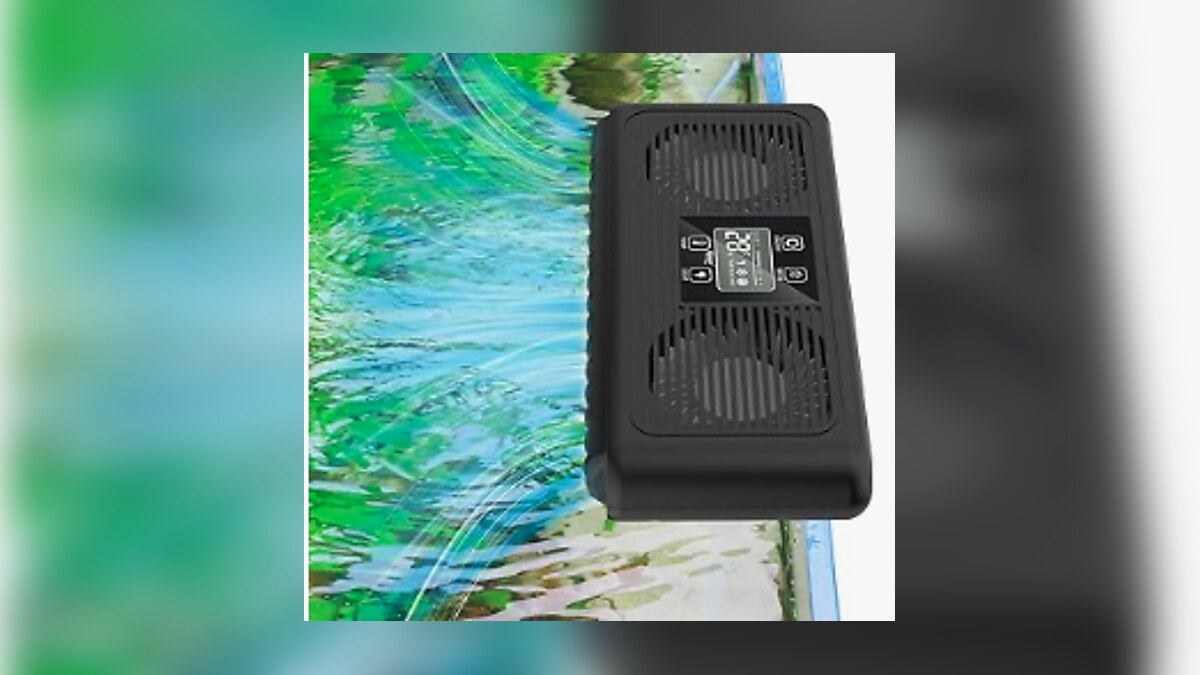 Clip-on fan blowing across an aquarium to cool it down in summer